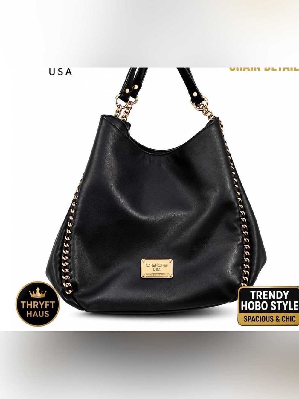 bebe Black Hobo with Gold Chain Trim